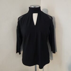 7th Avenue Black Mock Neck Cold Shoulder Lace Trim Long Sleeve Top Size S